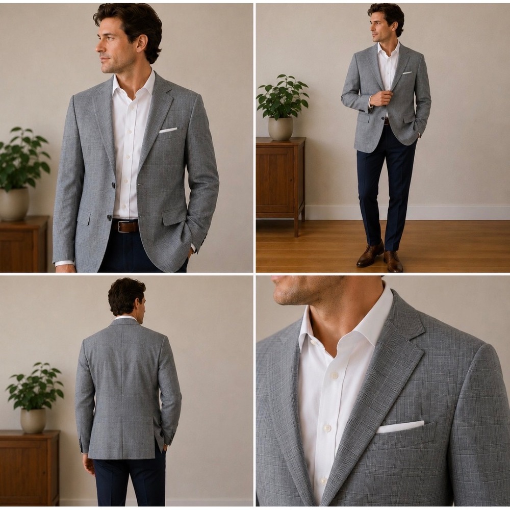 J.M. Haggar Men Premium Stretch Tailored Fit Suit Jacket Grey Glen Plaid 46 Long